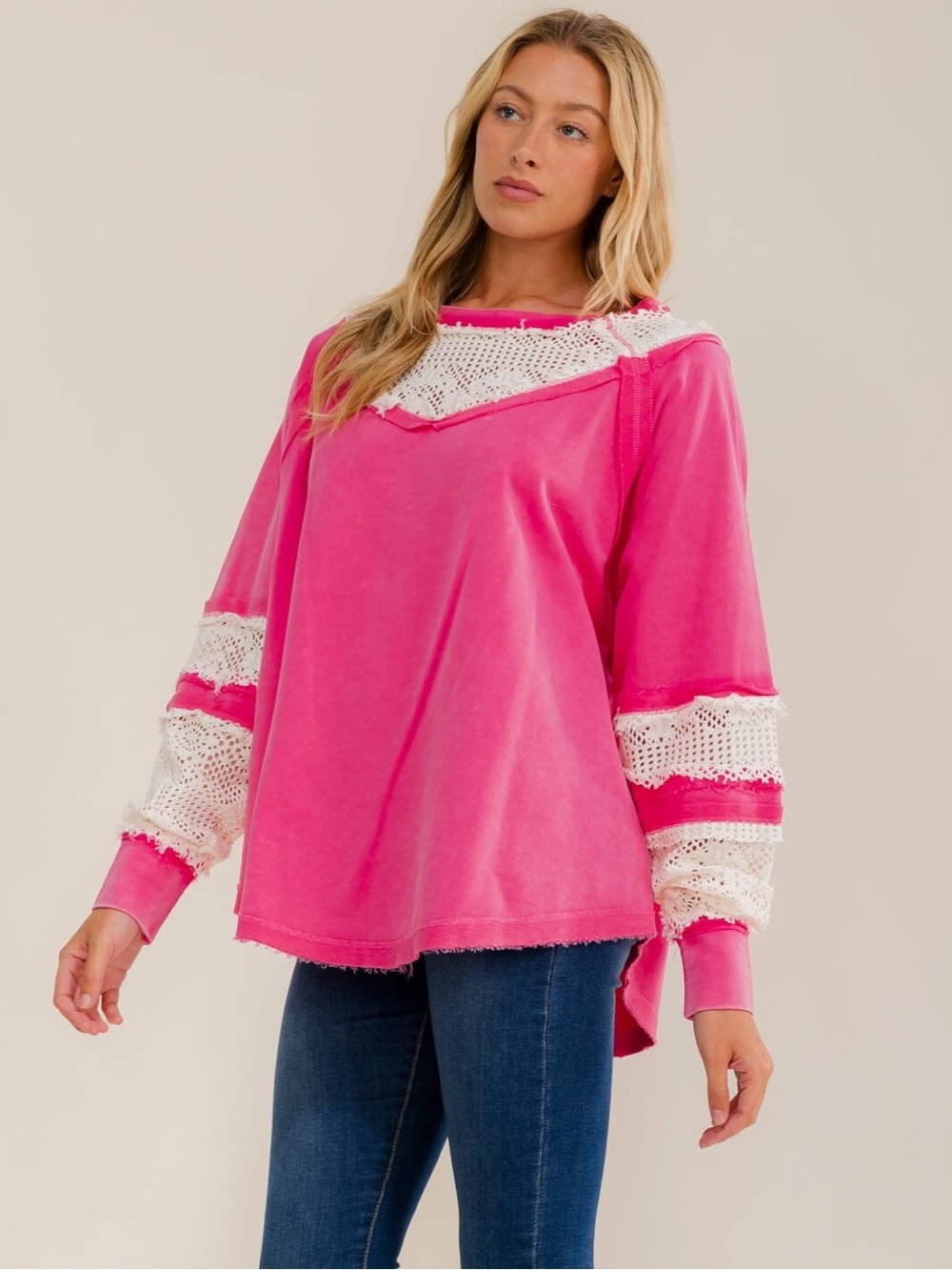 B02. Hot Pink Crochet-Trim Pullover Sweatshirt - Women